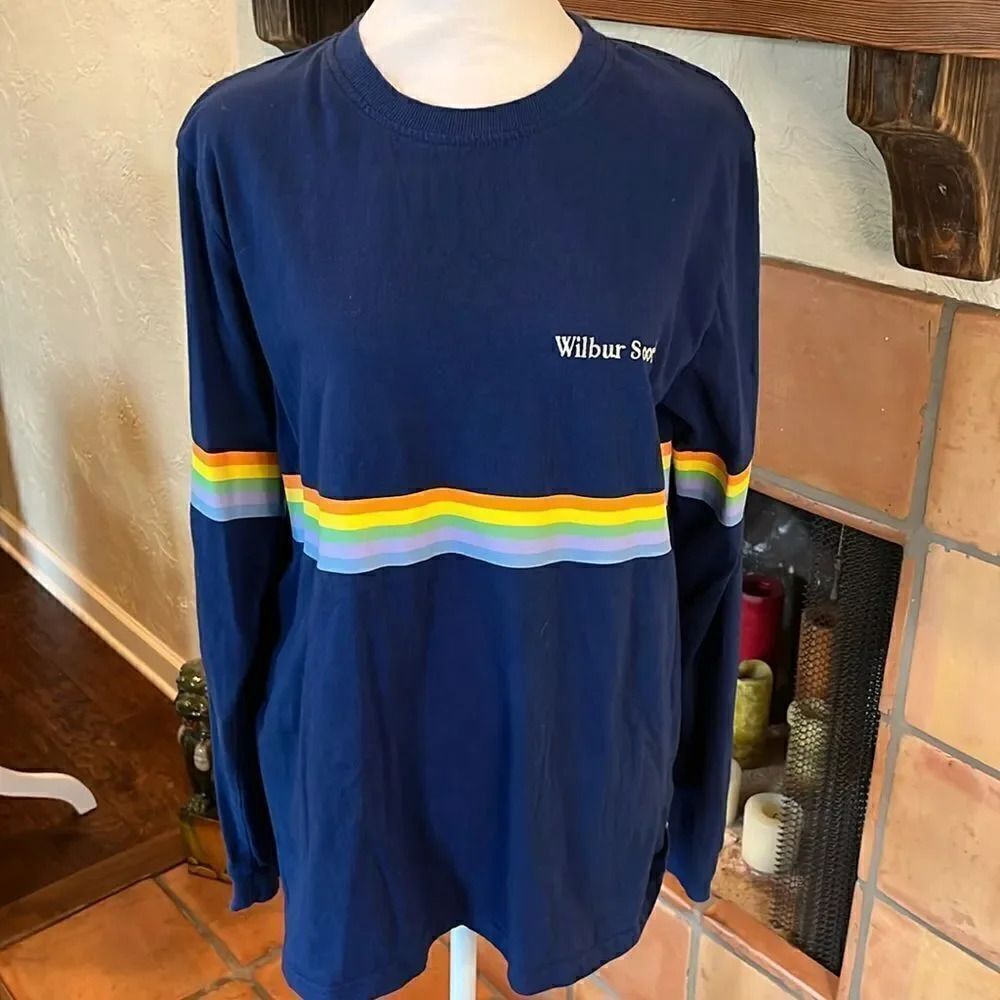 Wilbur Soot Blue Retro Striped Style Long Sleeve Tee, size M!